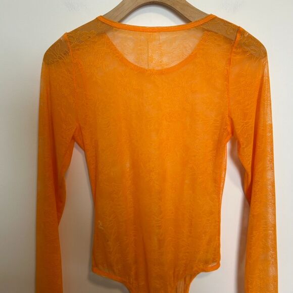 BY ANTHROPOLOGIE Sheer Lace Long-sleeve Bodysuit In Orange One-piece Medium - Picture 12 of 14
